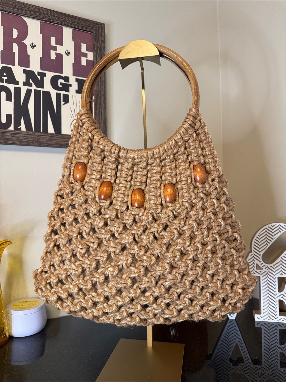 Handwoven Macramé Tote Bag with Wooden Handles - Tan